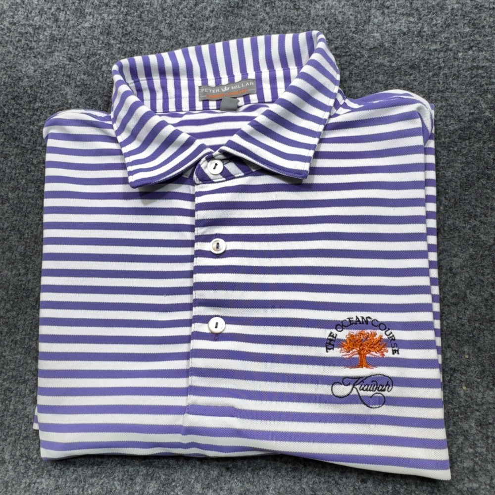 Peter Millar Polo Shirt Mens Large Purple Striped Kiawah Island Ocean Golf Golf